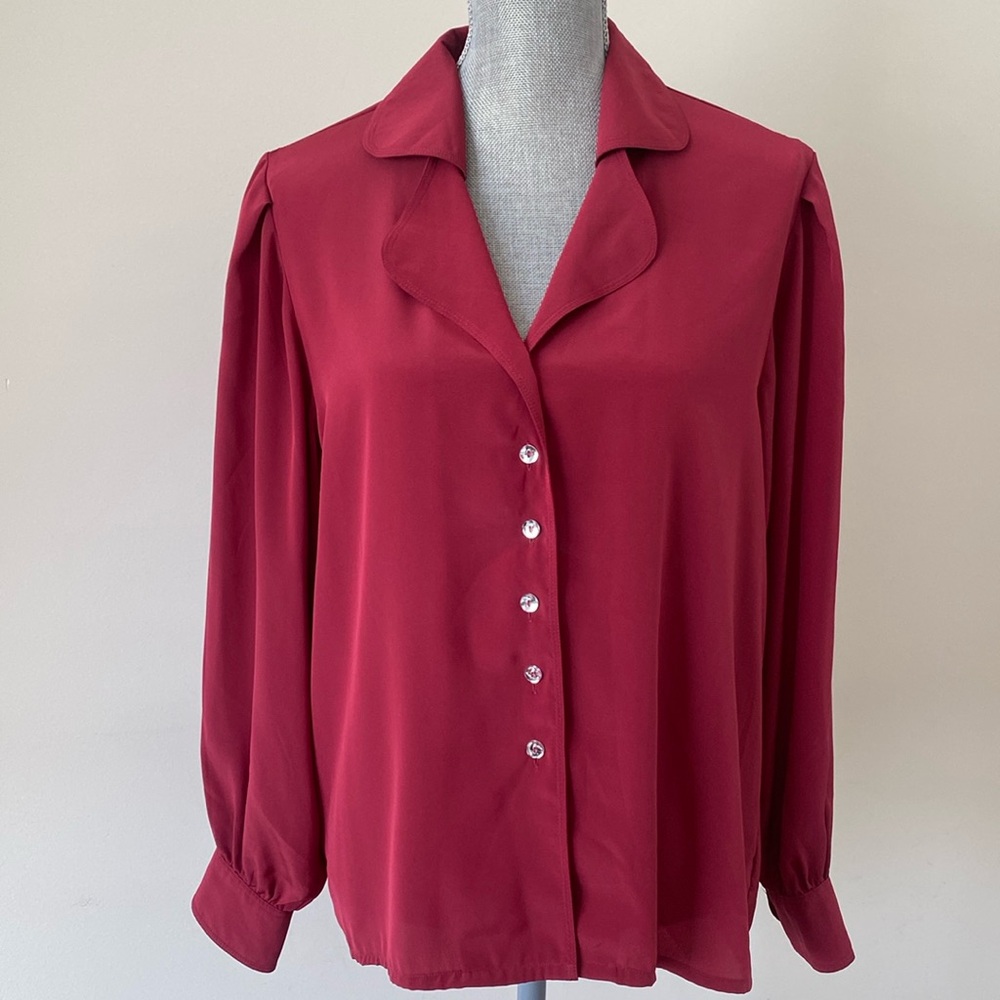 Vintage Jaeger Button Front Rounded Double Collar Puffed Sleeve Blouse Red M